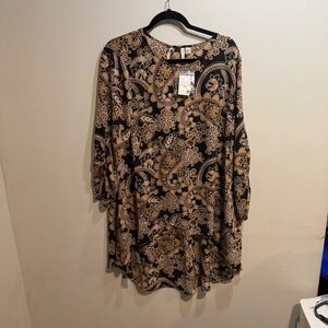 Cato Womens Large Paisley Floral High Low Tunic Blouse Black Tan Long Sleeve NEW